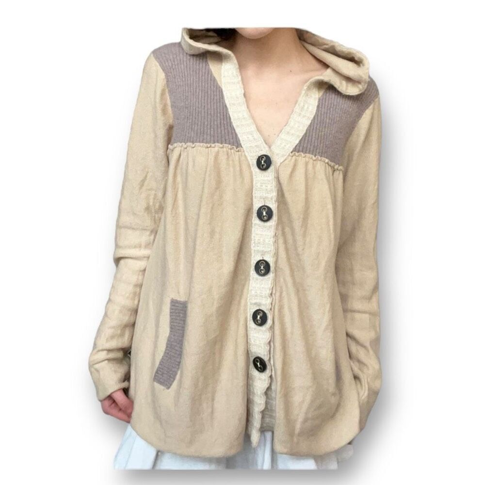 Free People Beige and Cream Button-Up Hoodie